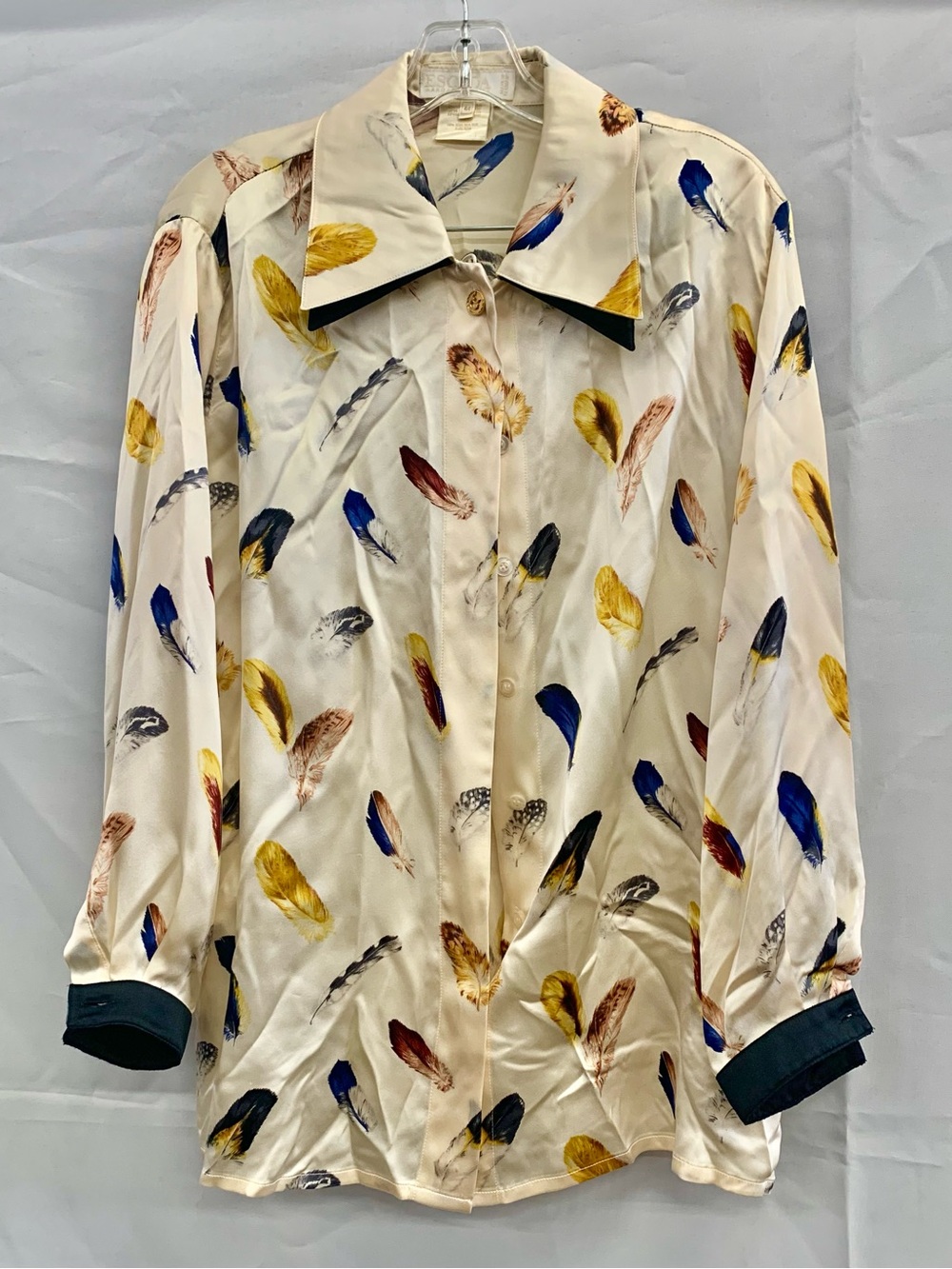 Escada Ivory Button-Down Blouse with Blue, Gold & Brown Feather Print